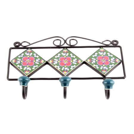 Forest Green Red Floral Tiles Hooks